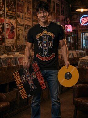 Guns N Roses 2009 Appetite For Destruction Yellow Vinyl LP T-Shirt Box Set-Small